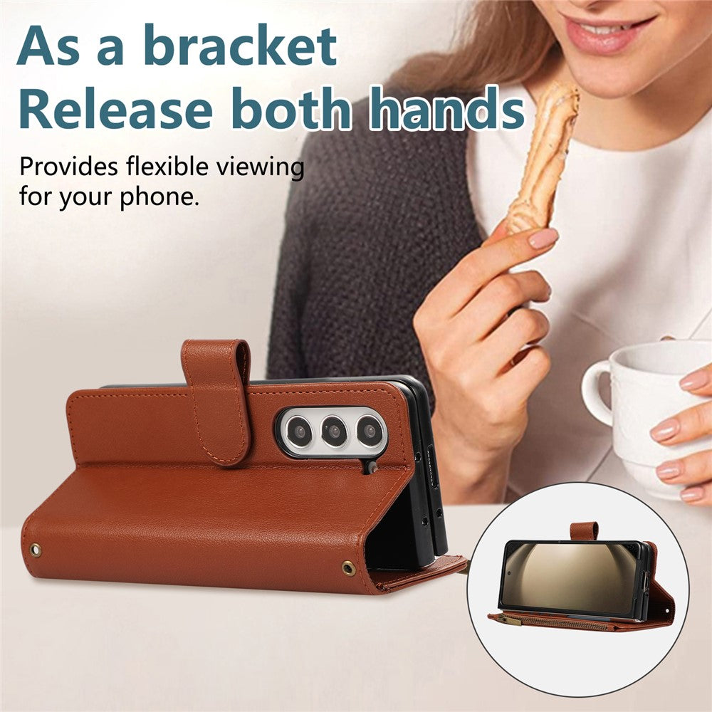 For Samsung Galaxy Z Fold7 5G Case Multi Card Slots Zipper Leather Phone Cover with Wrist Strap - Brown