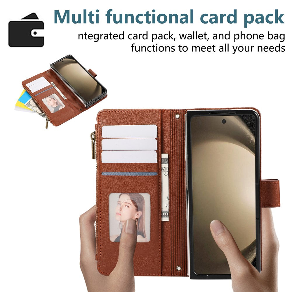 For Samsung Galaxy Z Fold7 5G Case Multi Card Slots Zipper Leather Phone Cover with Wrist Strap - Brown