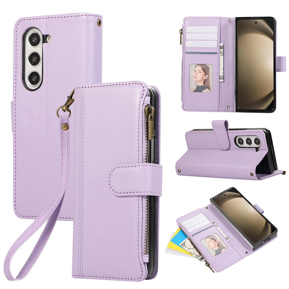 For Samsung Galaxy Z Fold7 5G Case Multi Card Slots Zipper Leather Phone Cover with Wrist Strap - Purple