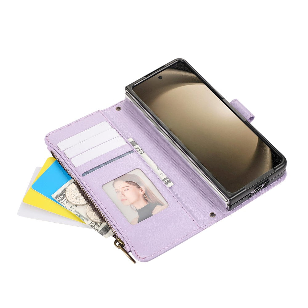 For Samsung Galaxy Z Fold7 5G Case Multi Card Slots Zipper Leather Phone Cover with Wrist Strap - Purple