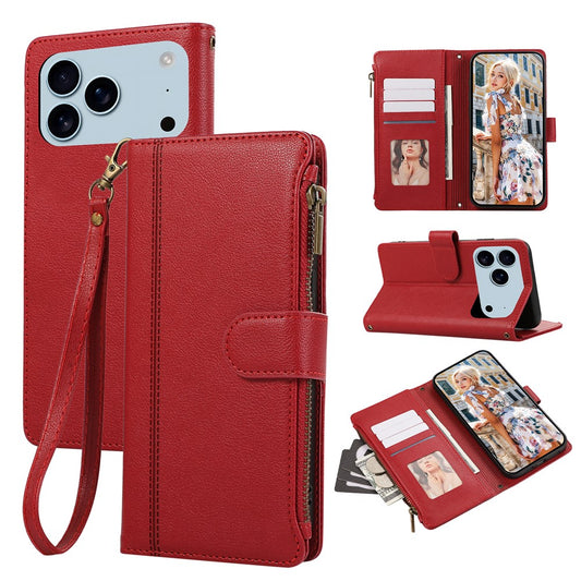 For iPhone 17 Pro Max Case Multi Card Slots Zipper Leather Phone Cover with Wrist Strap - Red