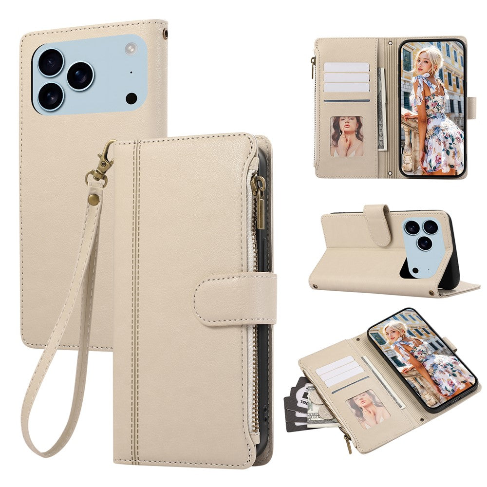 For iPhone 17 Pro Max Case Multi Card Slots Zipper Leather Phone Cover with Wrist Strap - Beige