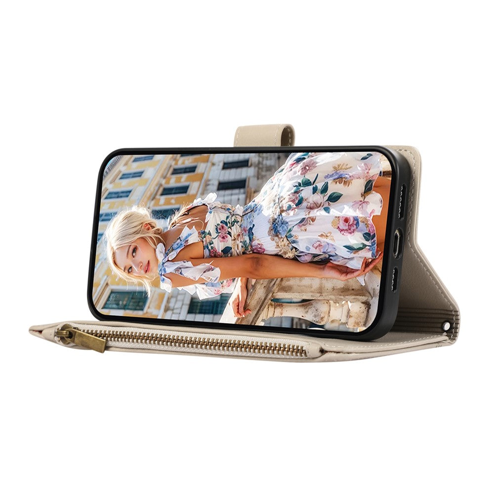 For iPhone 17 Pro Max Case Multi Card Slots Zipper Leather Phone Cover with Wrist Strap - Beige