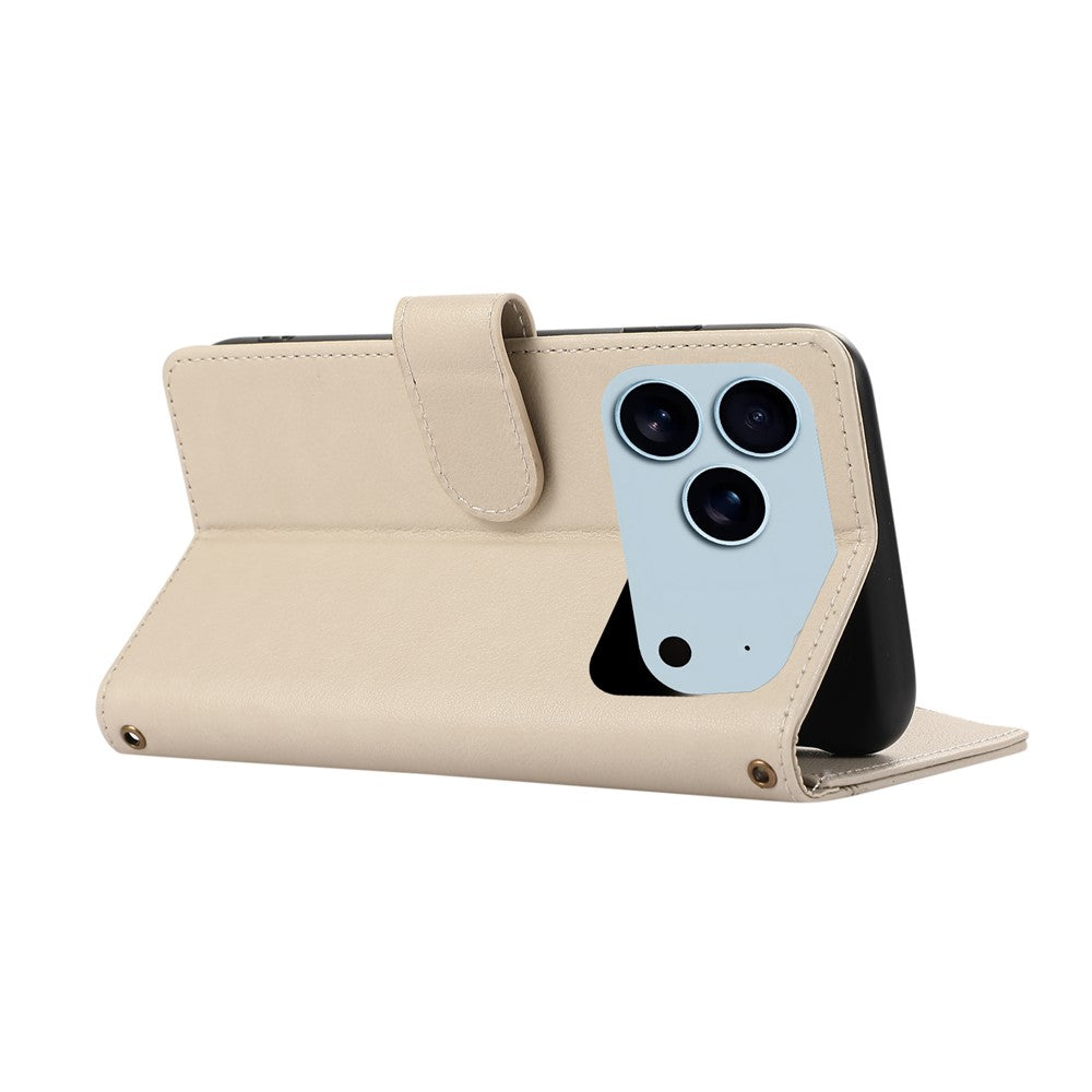 For iPhone 17 Pro Max Case Multi Card Slots Zipper Leather Phone Cover with Wrist Strap - Beige