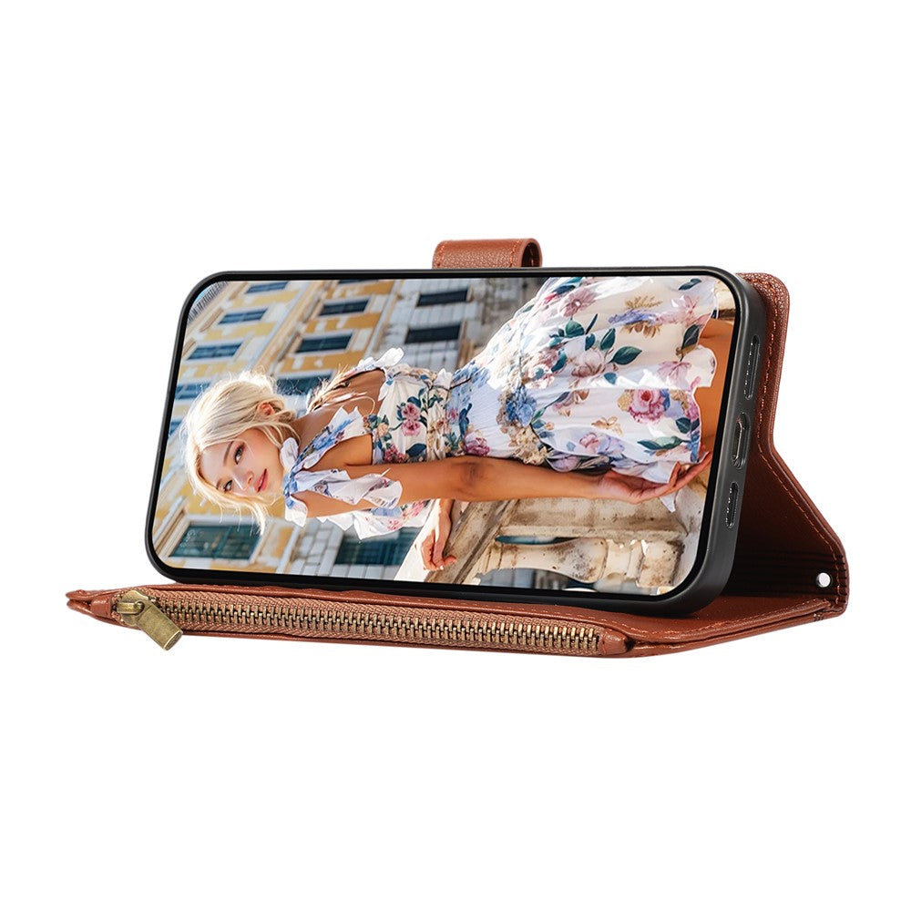 For iPhone 17 Pro Max Case Multi Card Slots Zipper Leather Phone Cover with Wrist Strap - Brown