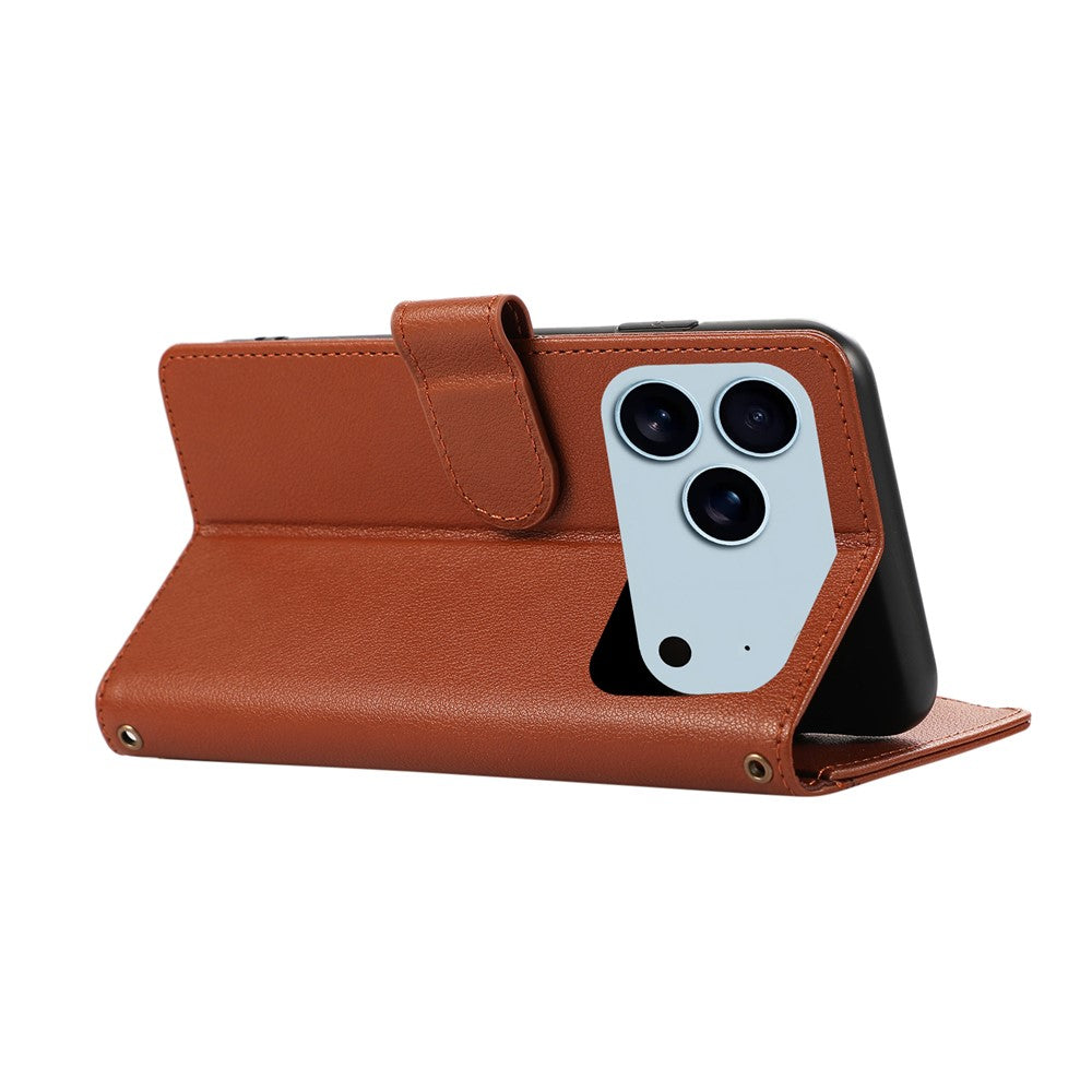 For iPhone 17 Pro Max Case Multi Card Slots Zipper Leather Phone Cover with Wrist Strap - Brown