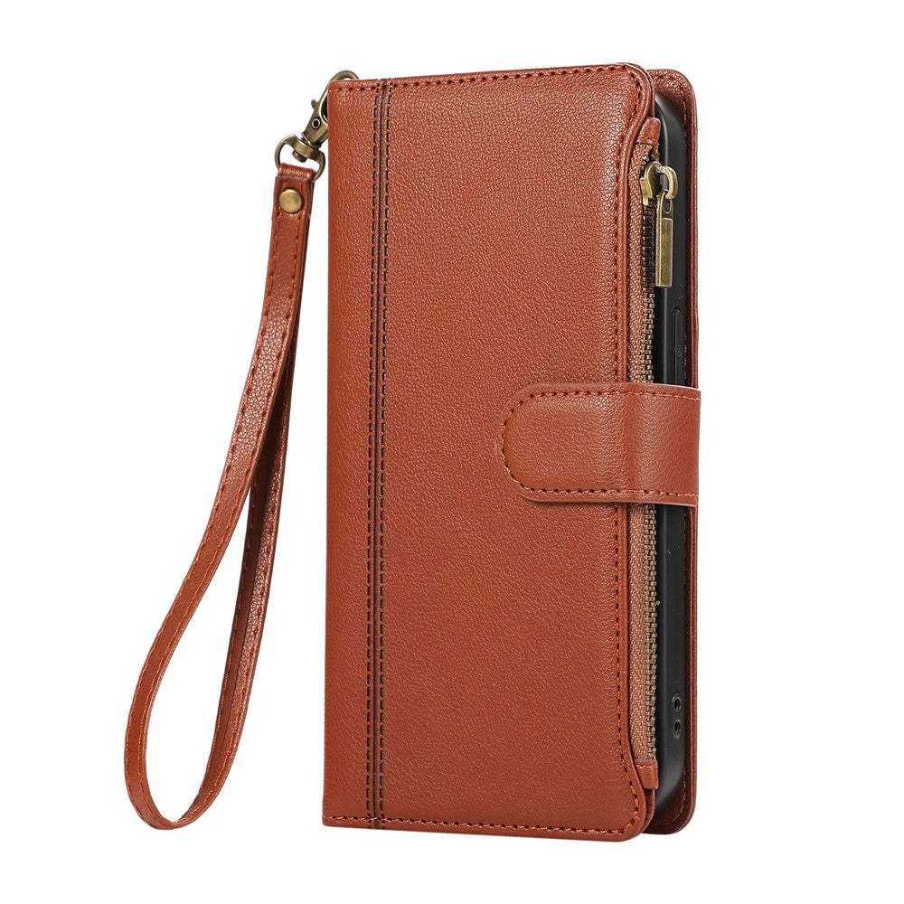 For iPhone 17 Pro Max Case Multi Card Slots Zipper Leather Phone Cover with Wrist Strap - Brown