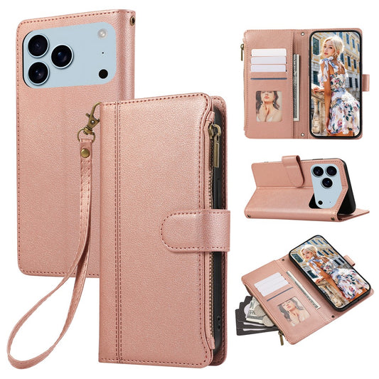For iPhone 17 Pro Max Case Multi Card Slots Zipper Leather Phone Cover with Wrist Strap - Rose Gold