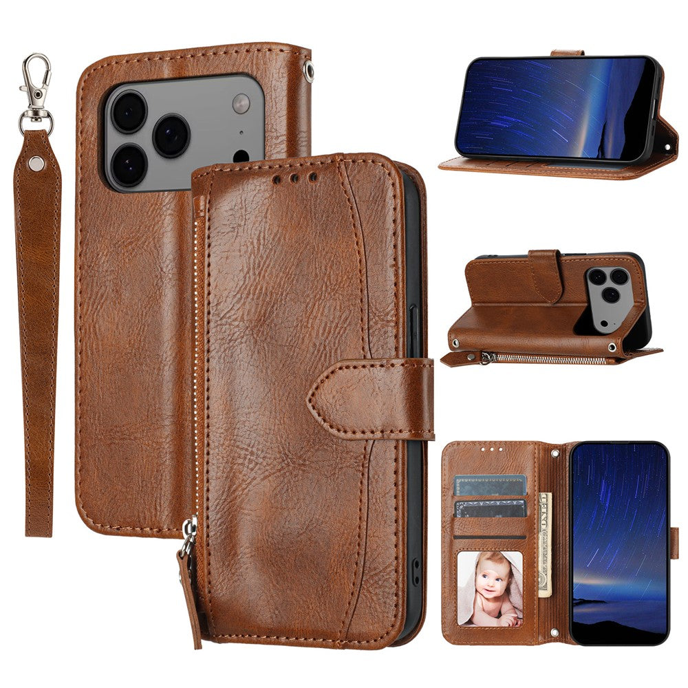 For iPhone 17 Pro Max Case Zipper Pocket Wallet Leather Phone Cover with Wrist Strap - Brown