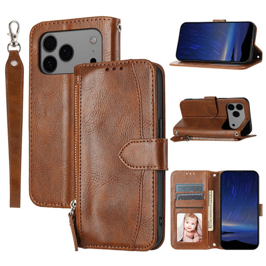For iPhone 17 Pro Max Case Zipper Pocket Wallet Leather Phone Cover with Wrist Strap - Brown