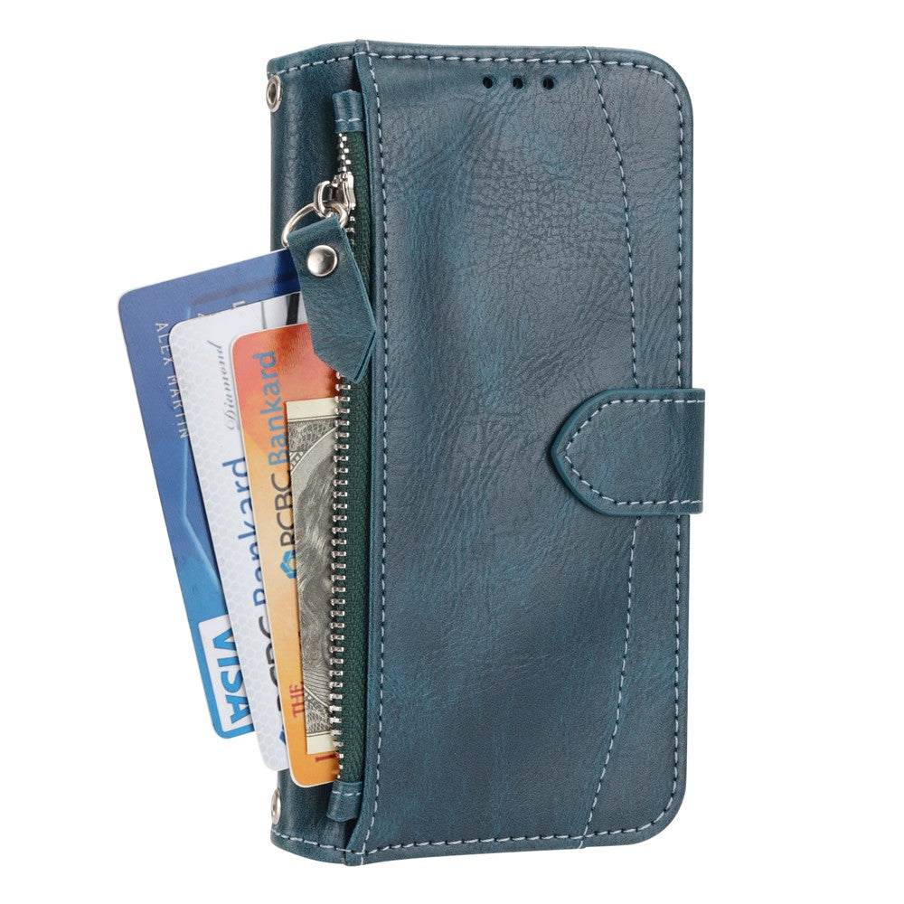 For iPhone 17 Pro Max Case Zipper Pocket Wallet Leather Phone Cover with Wrist Strap - Blackish Green