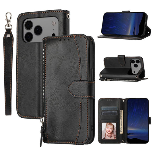 For iPhone 17 Pro Max Case Zipper Pocket Wallet Leather Phone Cover with Wrist Strap - Black