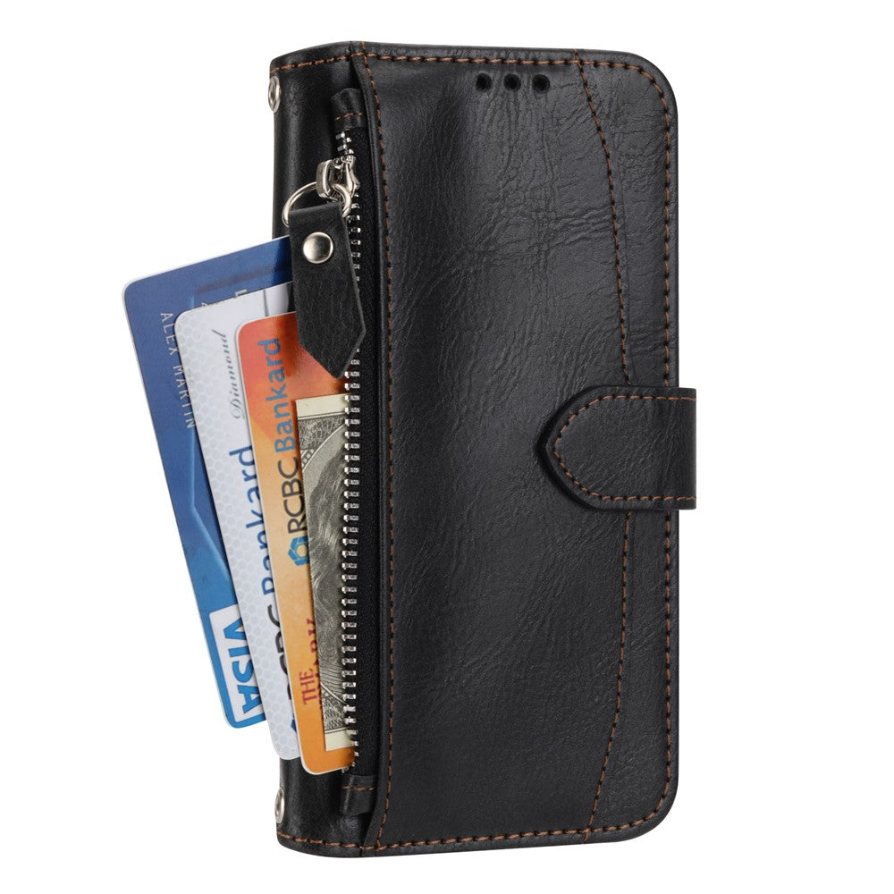 For iPhone 17 Pro Max Case Zipper Pocket Wallet Leather Phone Cover with Wrist Strap - Black