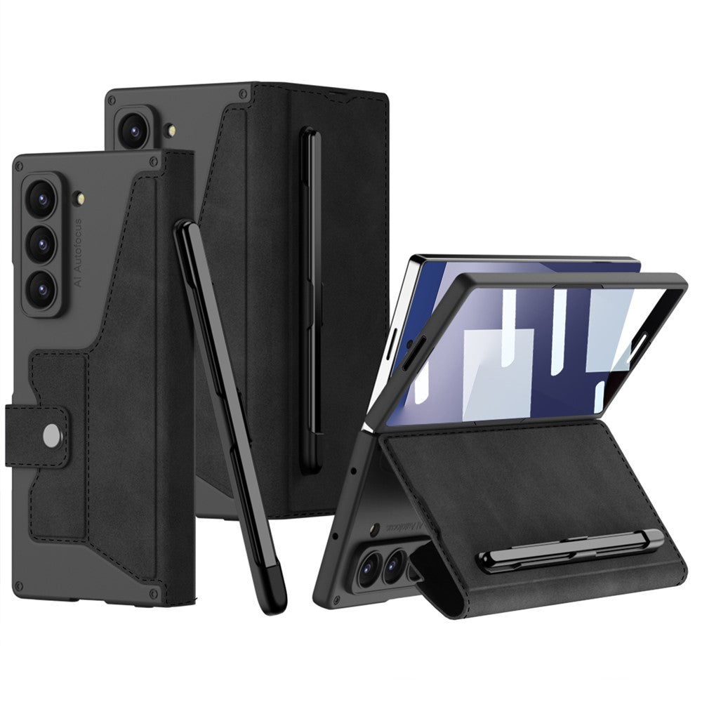 GKK For Samsung Galaxy Z Fold7 5G Kickstand Case Pencil Slot PC+PU Phone Cover with Screen Film - Black