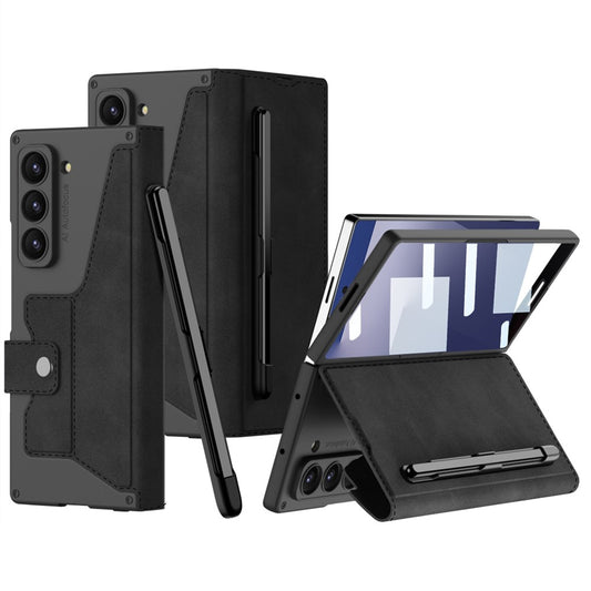 GKK For Samsung Galaxy Z Fold7 5G Kickstand Case Pencil Slot PC+PU Phone Cover with Screen Film - Black