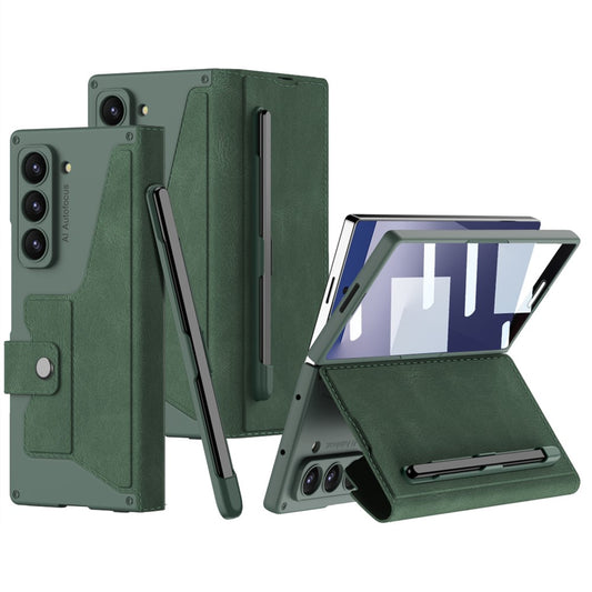 GKK For Samsung Galaxy Z Fold7 5G Kickstand Case Pencil Slot PC+PU Phone Cover with Screen Film - Green
