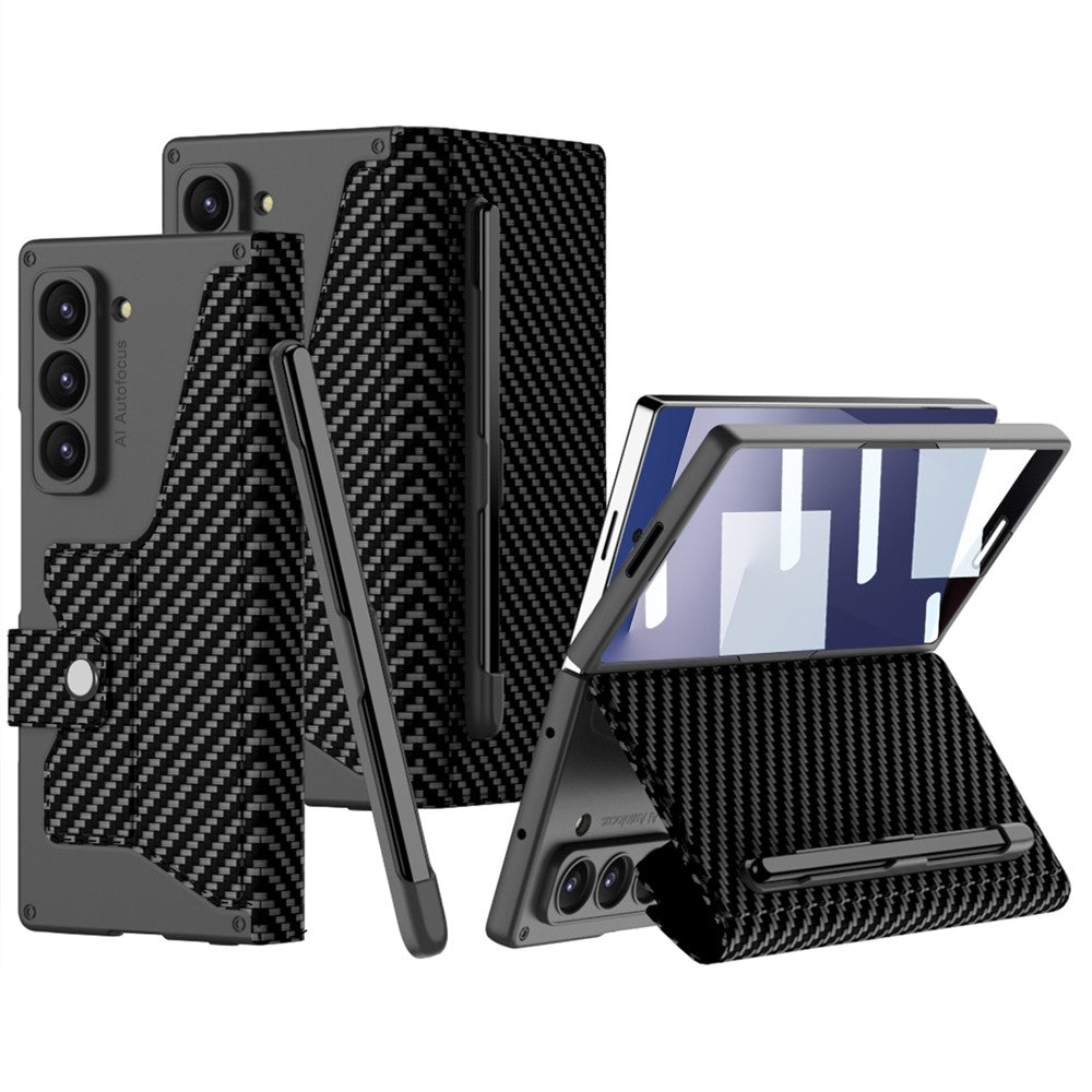 GKK For Samsung Galaxy Z Fold7 5G Kickstand Case Pencil Slot PC+PU Phone Cover with Screen Film - Carbon Fiber