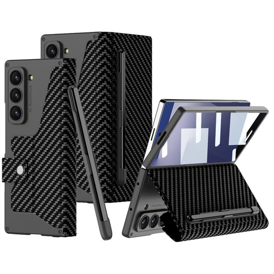 GKK For Samsung Galaxy Z Fold7 5G Kickstand Case Pencil Slot PC+PU Phone Cover with Screen Film - Carbon Fiber