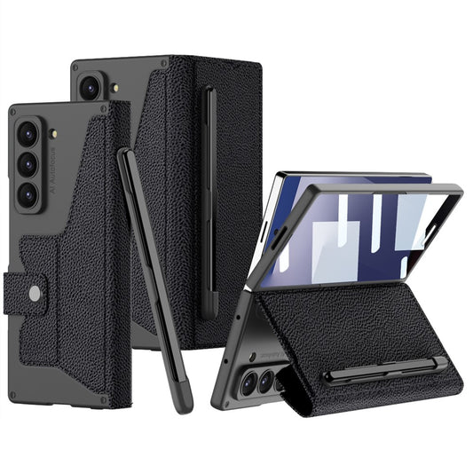 GKK For Samsung Galaxy Z Fold7 5G Kickstand Case Pencil Slot PC+PU Phone Cover with Screen Film - Litchi Texture