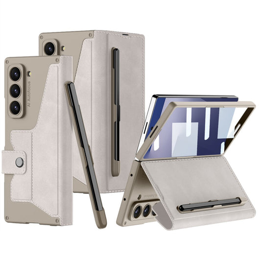 GKK For Samsung Galaxy Z Fold7 5G Kickstand Case Pencil Slot PC+PU Phone Cover with Screen Film - Titanium Grey