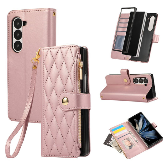 For Samsung Galaxy Z Fold7 5G Case Multi Card Slots Zipper Rhombus Leather Phone Cover with Wrist Strap - Rose Gold