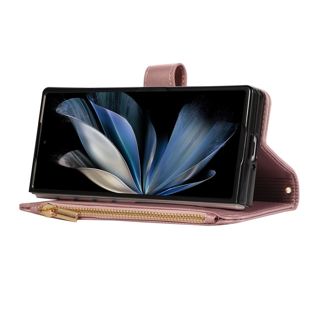 For Samsung Galaxy Z Fold7 5G Case Multi Card Slots Zipper Rhombus Leather Phone Cover with Wrist Strap - Rose Gold