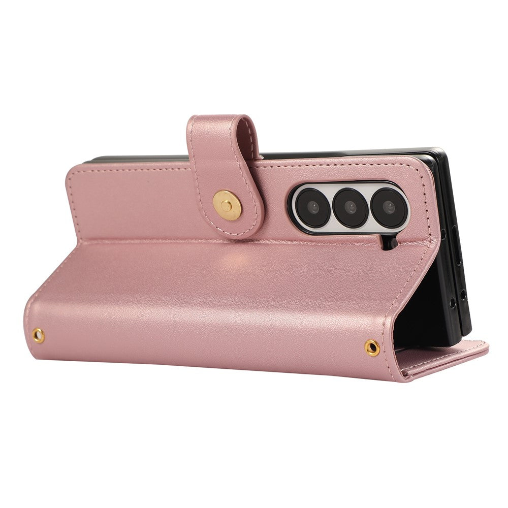 For Samsung Galaxy Z Fold7 5G Case Multi Card Slots Zipper Rhombus Leather Phone Cover with Wrist Strap - Rose Gold