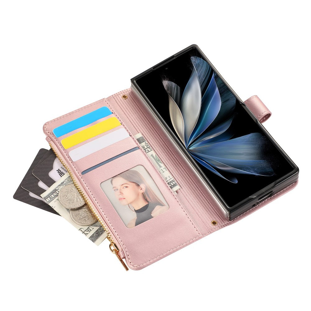 For Samsung Galaxy Z Fold7 5G Case Multi Card Slots Zipper Rhombus Leather Phone Cover with Wrist Strap - Rose Gold