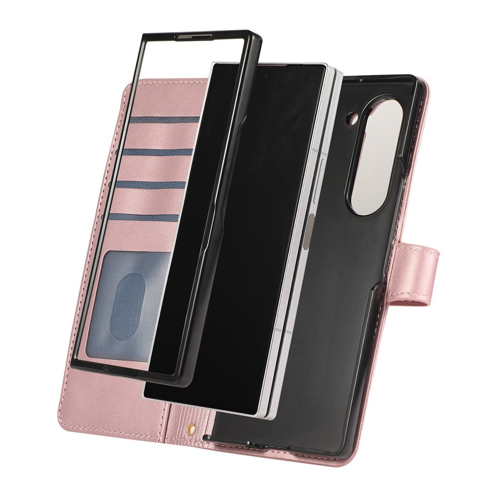 For Samsung Galaxy Z Fold7 5G Case Multi Card Slots Zipper Rhombus Leather Phone Cover with Wrist Strap - Rose Gold