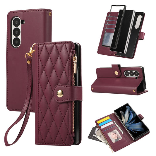 For Samsung Galaxy Z Fold7 5G Case Multi Card Slots Zipper Rhombus Leather Phone Cover with Wrist Strap - Wine Red
