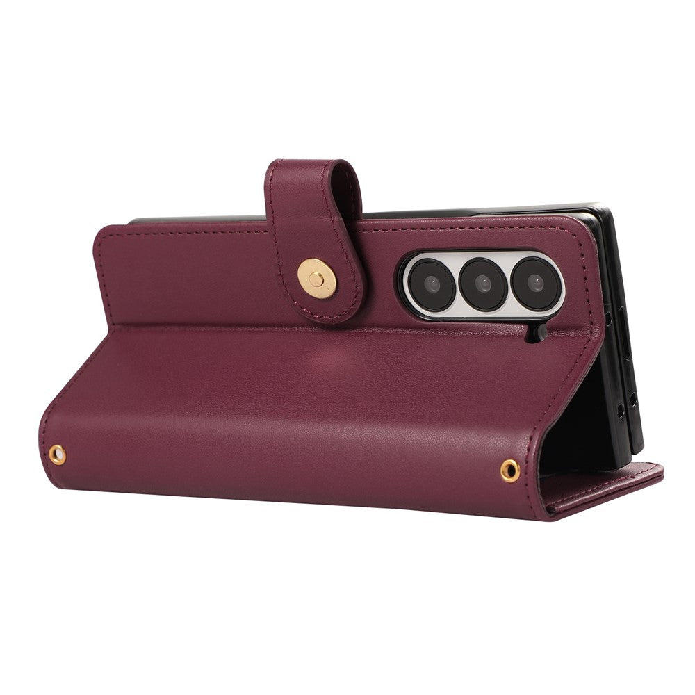 For Samsung Galaxy Z Fold7 5G Case Multi Card Slots Zipper Rhombus Leather Phone Cover with Wrist Strap - Wine Red