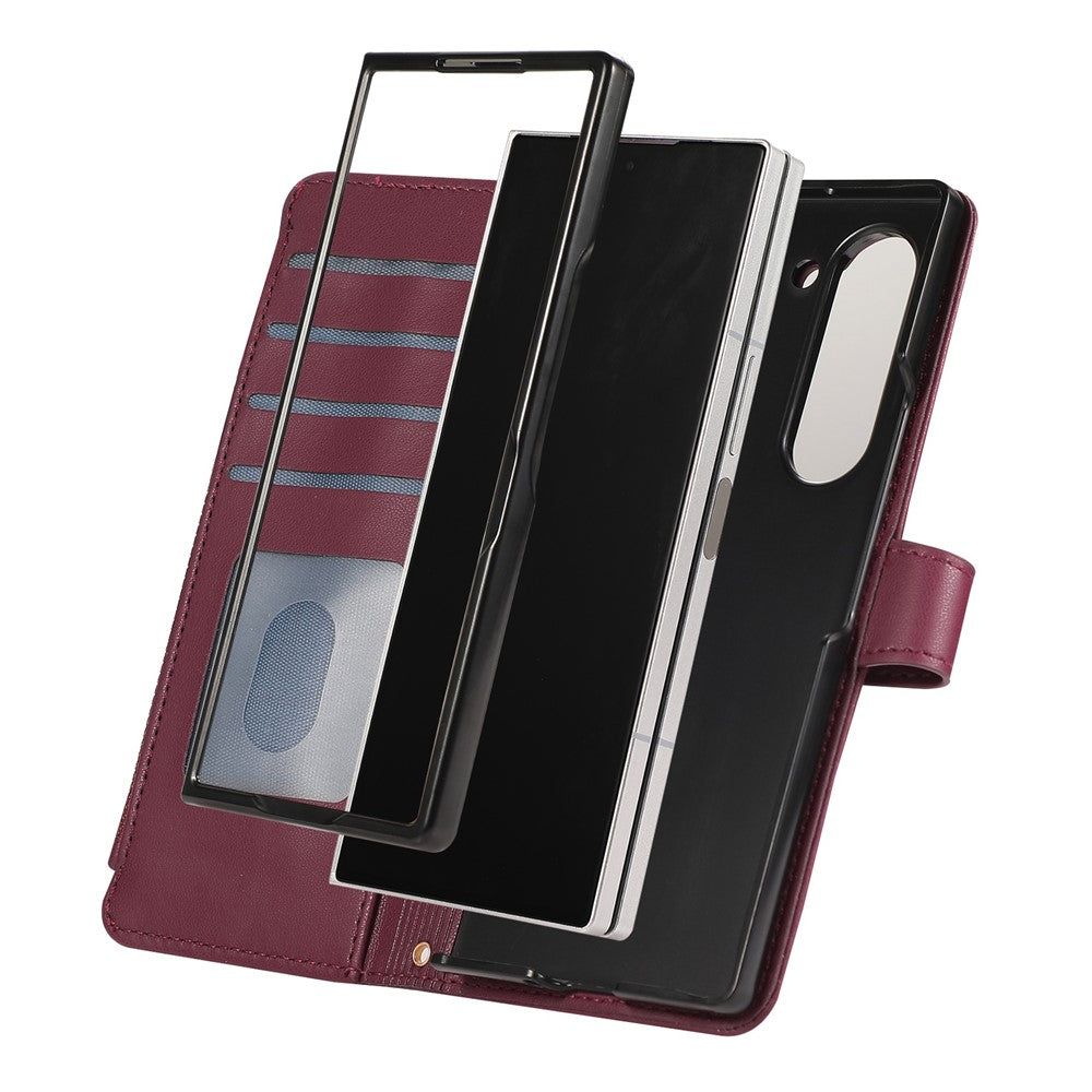 For Samsung Galaxy Z Fold7 5G Case Multi Card Slots Zipper Rhombus Leather Phone Cover with Wrist Strap - Wine Red