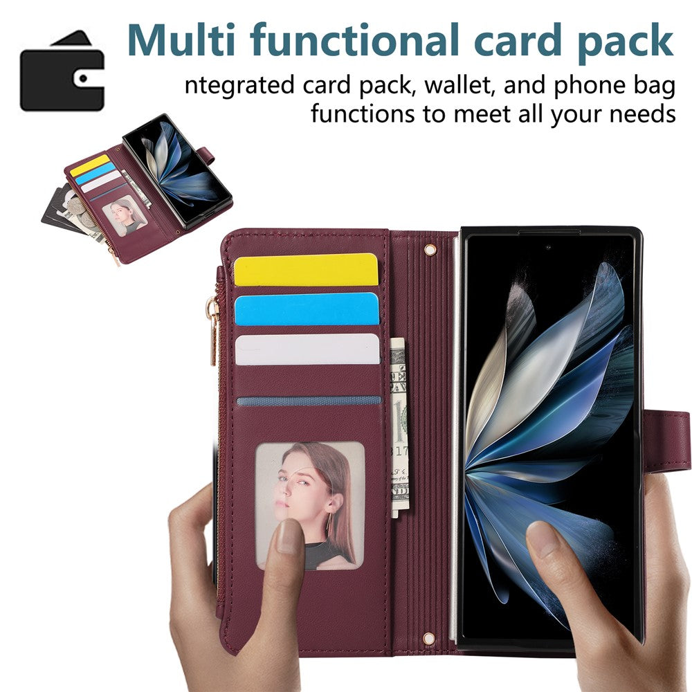 For Samsung Galaxy Z Fold7 5G Case Multi Card Slots Zipper Rhombus Leather Phone Cover with Wrist Strap - Wine Red