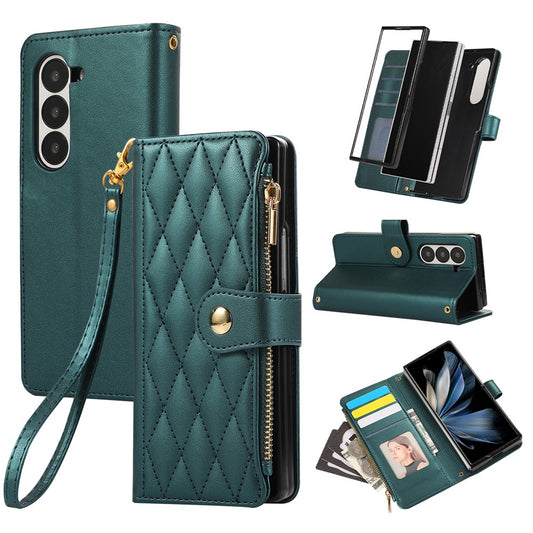 For Samsung Galaxy Z Fold7 5G Case Multi Card Slots Zipper Rhombus Leather Phone Cover with Wrist Strap - Green