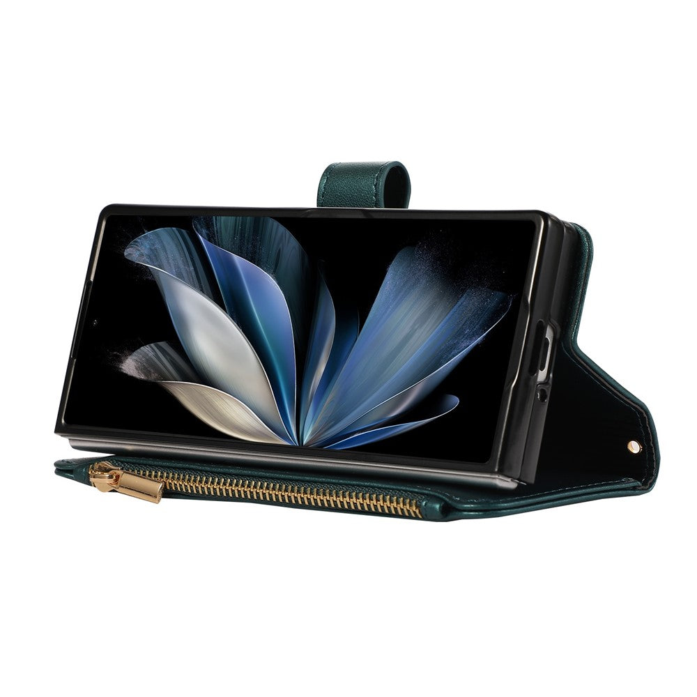 For Samsung Galaxy Z Fold7 5G Case Multi Card Slots Zipper Rhombus Leather Phone Cover with Wrist Strap - Green