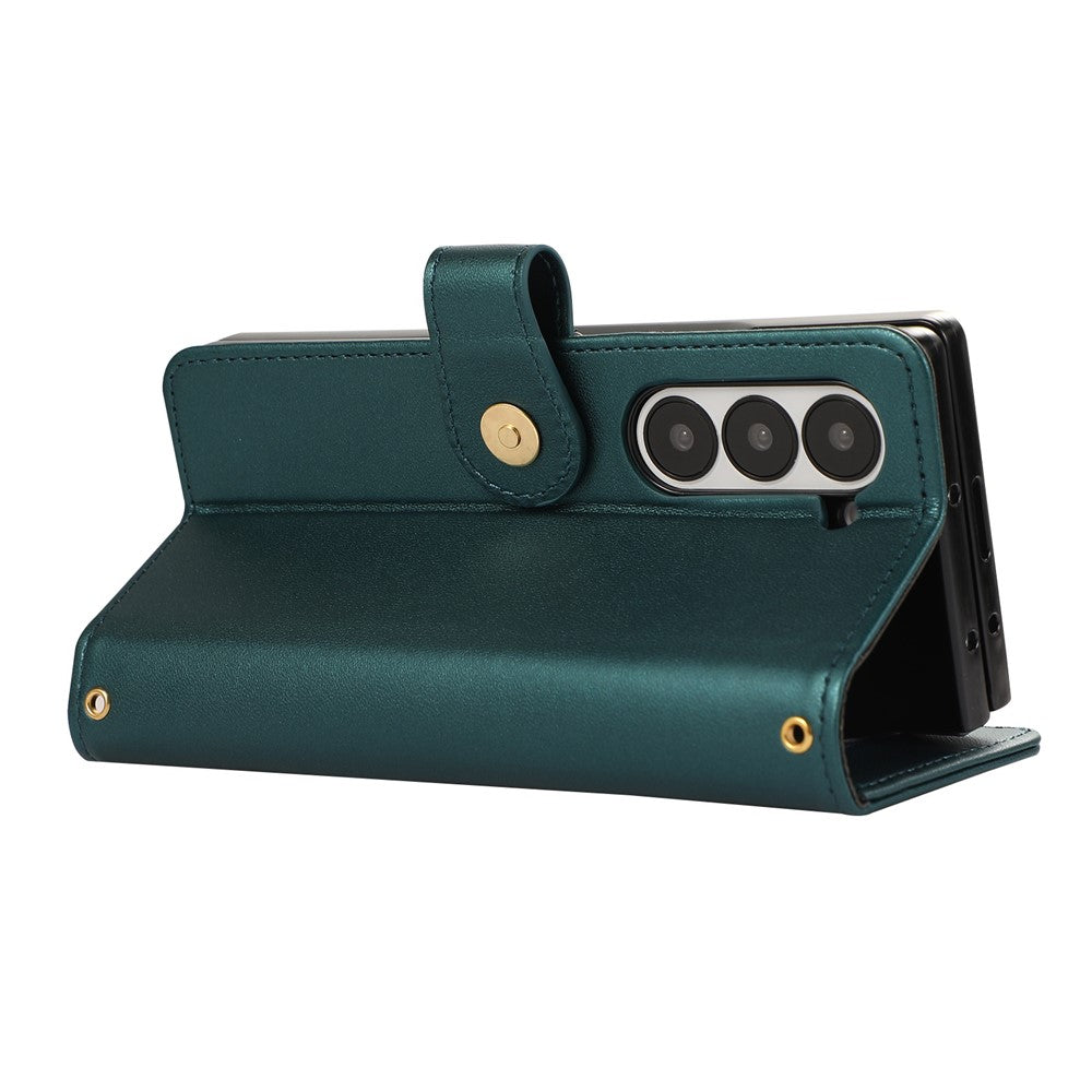 For Samsung Galaxy Z Fold7 5G Case Multi Card Slots Zipper Rhombus Leather Phone Cover with Wrist Strap - Green