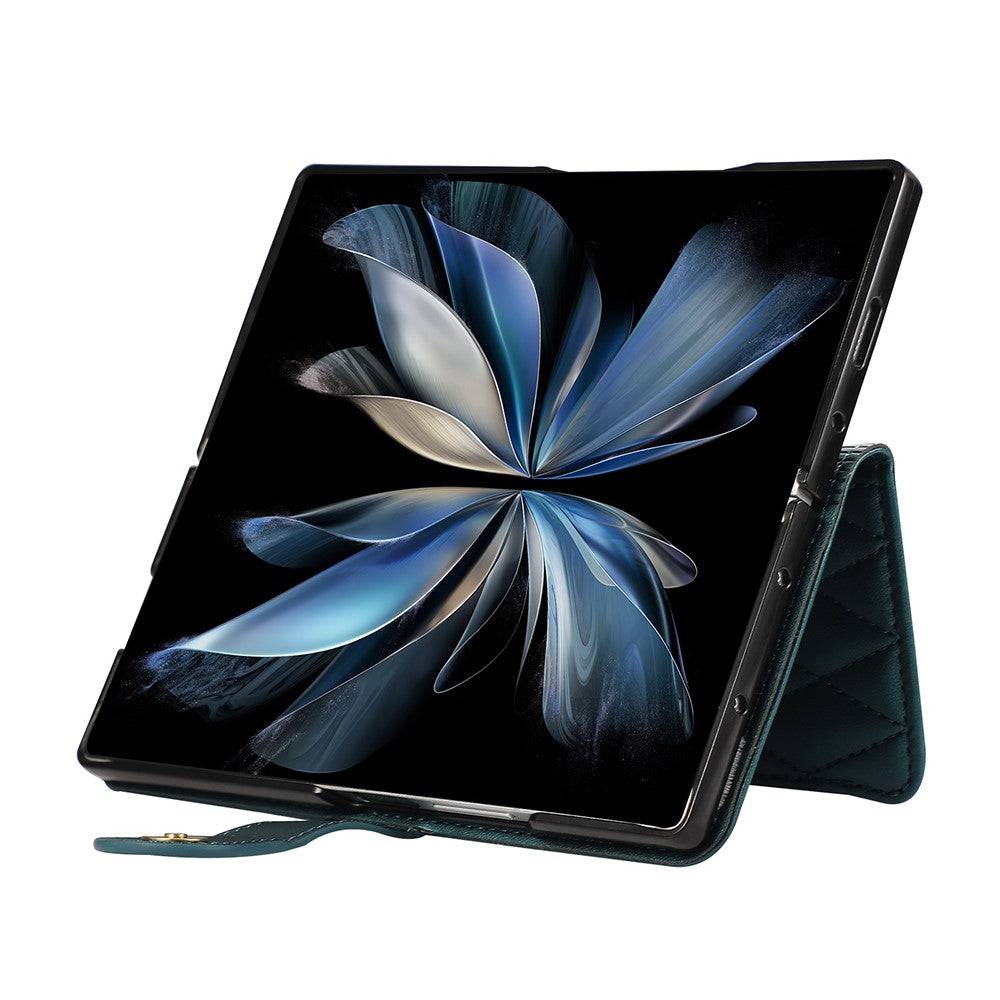 For Samsung Galaxy Z Fold7 5G Case Multi Card Slots Zipper Rhombus Leather Phone Cover with Wrist Strap - Green