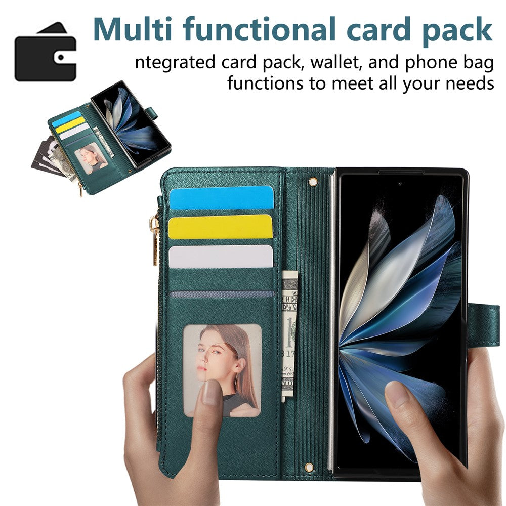 For Samsung Galaxy Z Fold7 5G Case Multi Card Slots Zipper Rhombus Leather Phone Cover with Wrist Strap - Green