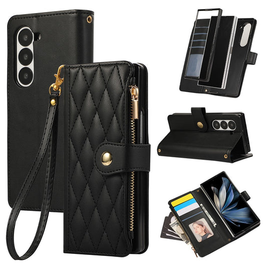 For Samsung Galaxy Z Fold7 5G Case Multi Card Slots Zipper Rhombus Leather Phone Cover with Wrist Strap - Black