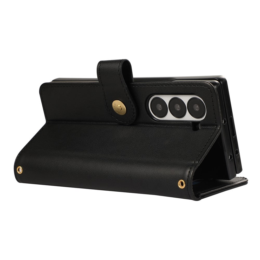 For Samsung Galaxy Z Fold7 5G Case Multi Card Slots Zipper Rhombus Leather Phone Cover with Wrist Strap - Black