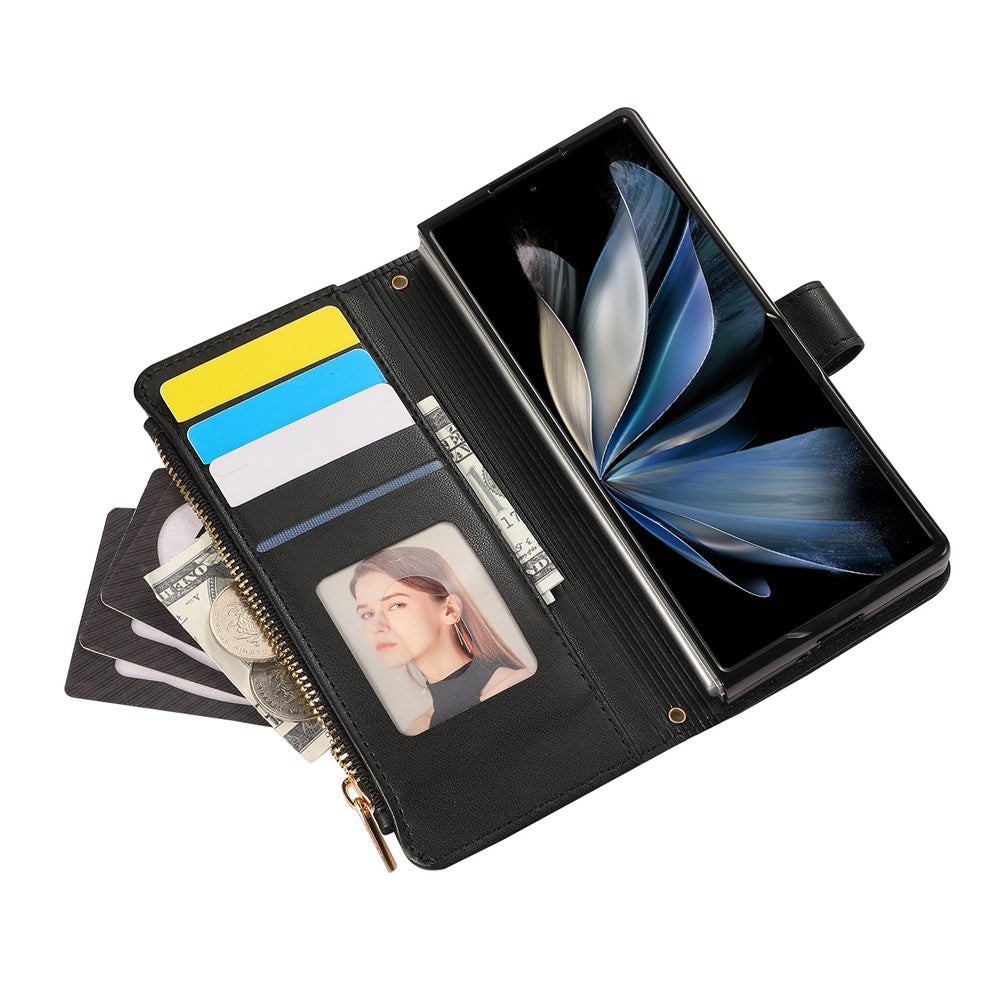 For Samsung Galaxy Z Fold7 5G Case Multi Card Slots Zipper Rhombus Leather Phone Cover with Wrist Strap - Black