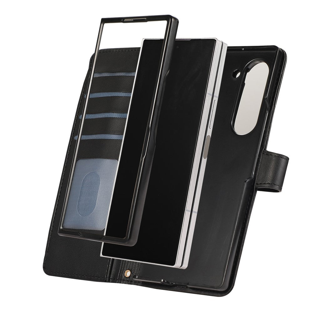 For Samsung Galaxy Z Fold7 5G Case Multi Card Slots Zipper Rhombus Leather Phone Cover with Wrist Strap - Black