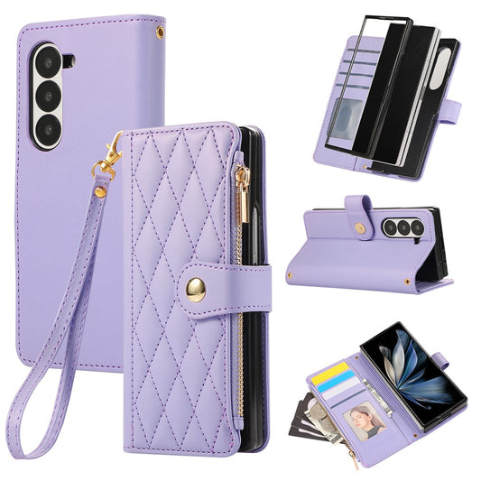 For Samsung Galaxy Z Fold7 5G Case Multi Card Slots Zipper Rhombus Leather Phone Cover with Wrist Strap - Purple