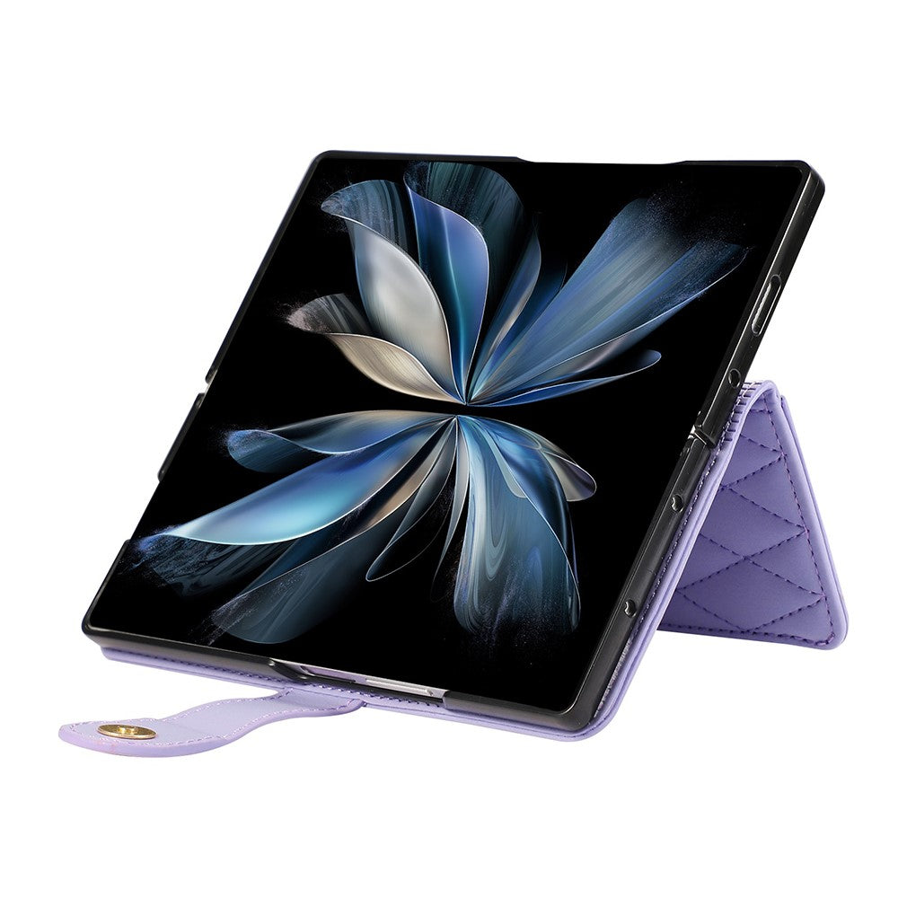 For Samsung Galaxy Z Fold7 5G Case Multi Card Slots Zipper Rhombus Leather Phone Cover with Wrist Strap - Purple