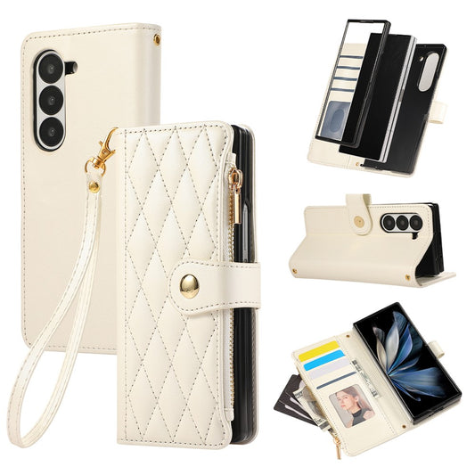 For Samsung Galaxy Z Fold7 5G Case Multi Card Slots Zipper Rhombus Leather Phone Cover with Wrist Strap - Beige