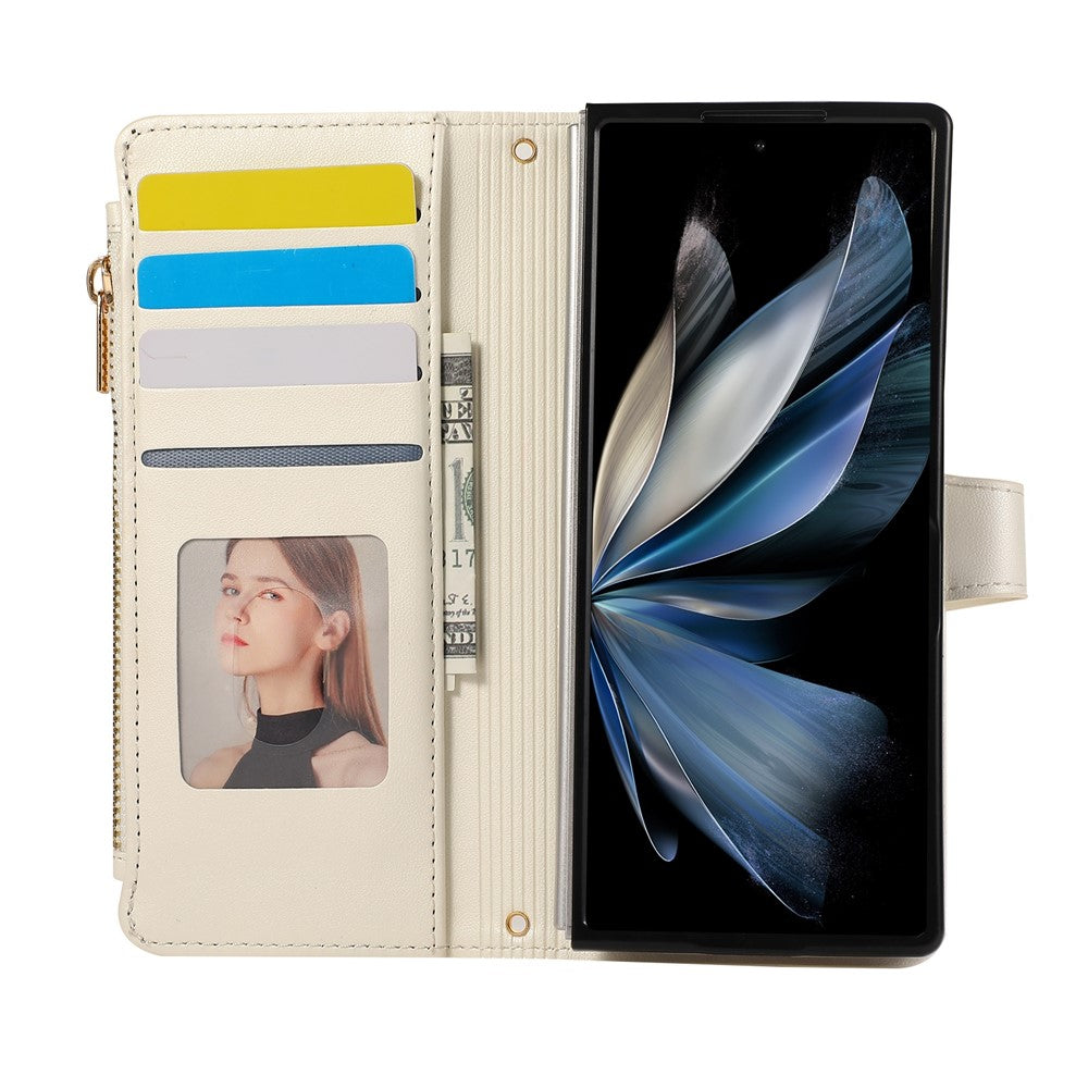 For Samsung Galaxy Z Fold7 5G Case Multi Card Slots Zipper Rhombus Leather Phone Cover with Wrist Strap - Beige