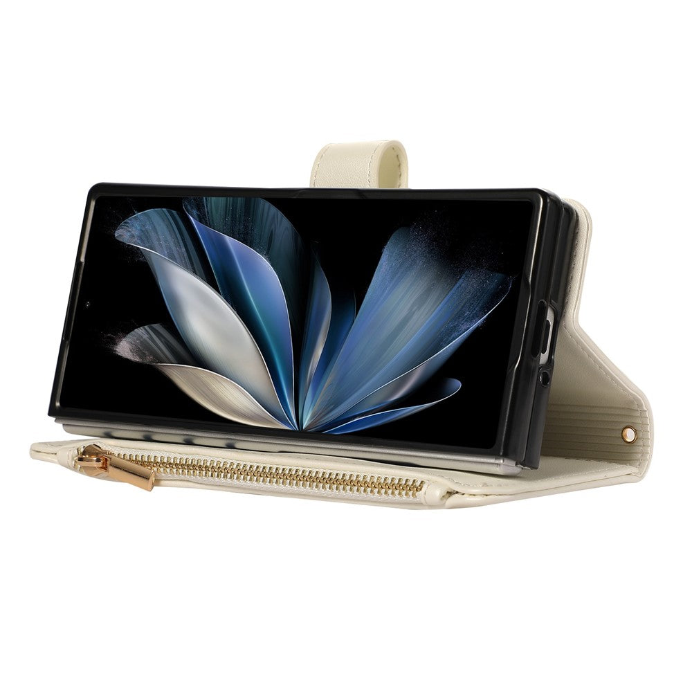 For Samsung Galaxy Z Fold7 5G Case Multi Card Slots Zipper Rhombus Leather Phone Cover with Wrist Strap - Beige