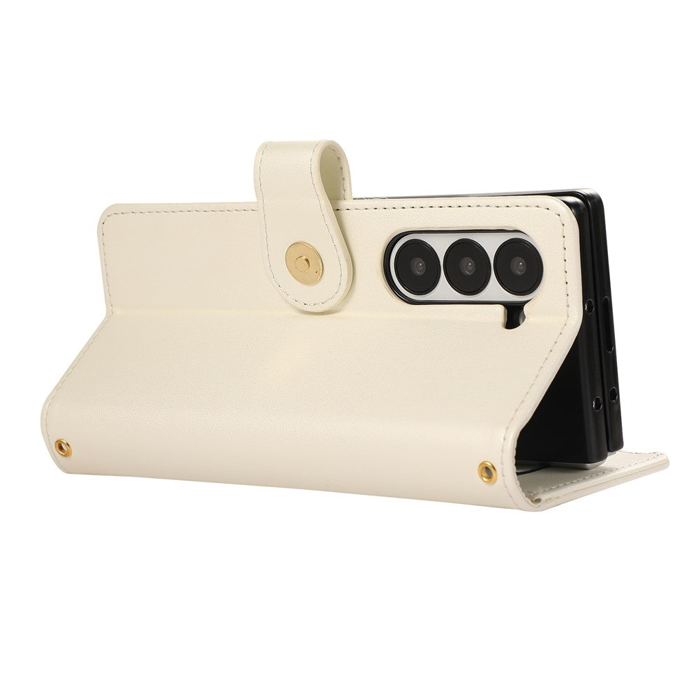 For Samsung Galaxy Z Fold7 5G Case Multi Card Slots Zipper Rhombus Leather Phone Cover with Wrist Strap - Beige