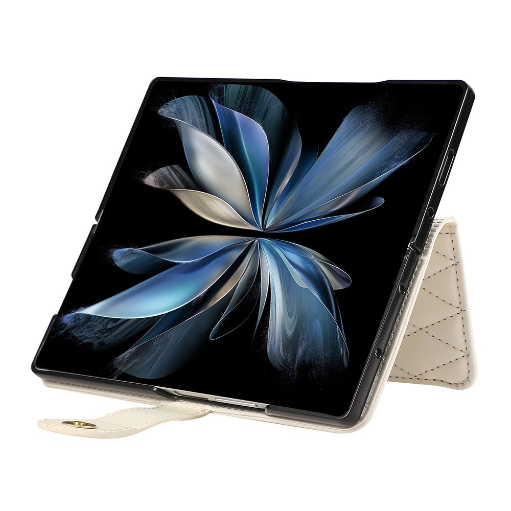 For Samsung Galaxy Z Fold7 5G Case Multi Card Slots Zipper Rhombus Leather Phone Cover with Wrist Strap - Beige