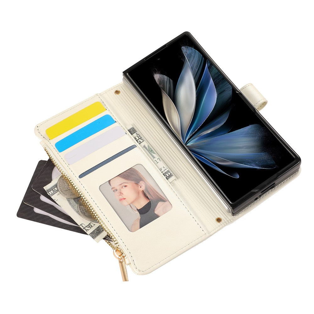 For Samsung Galaxy Z Fold7 5G Case Multi Card Slots Zipper Rhombus Leather Phone Cover with Wrist Strap - Beige